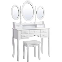 Songmics RDT91W - Tocador- Taburete y Espejo- 7 Cajones- 3 Espejos- 90.0 x 40 x 145 cm
